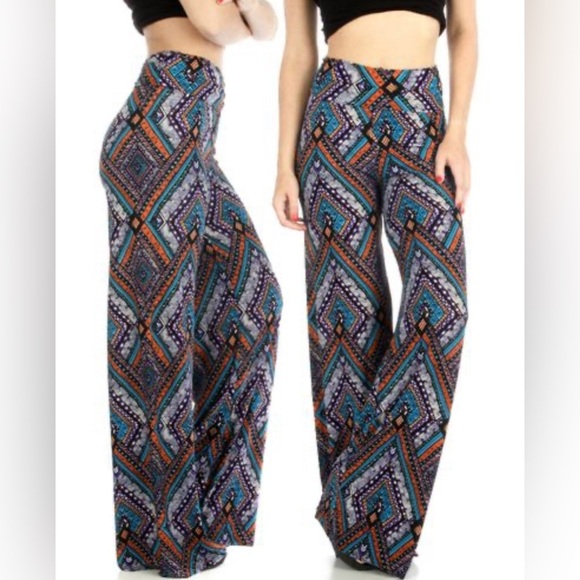 Festival Multicolor Moroccan Boho Palazzo Pants | High Rise Fold-Over Waist S/M - Picture 1 of 11